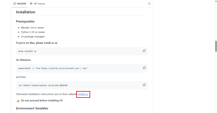 「Install uv」のリンクを開く